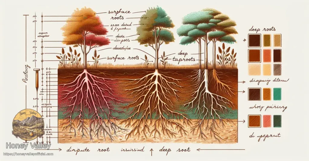 Can you explain the difference between surface roots and deep taproots in plants, such as trees?