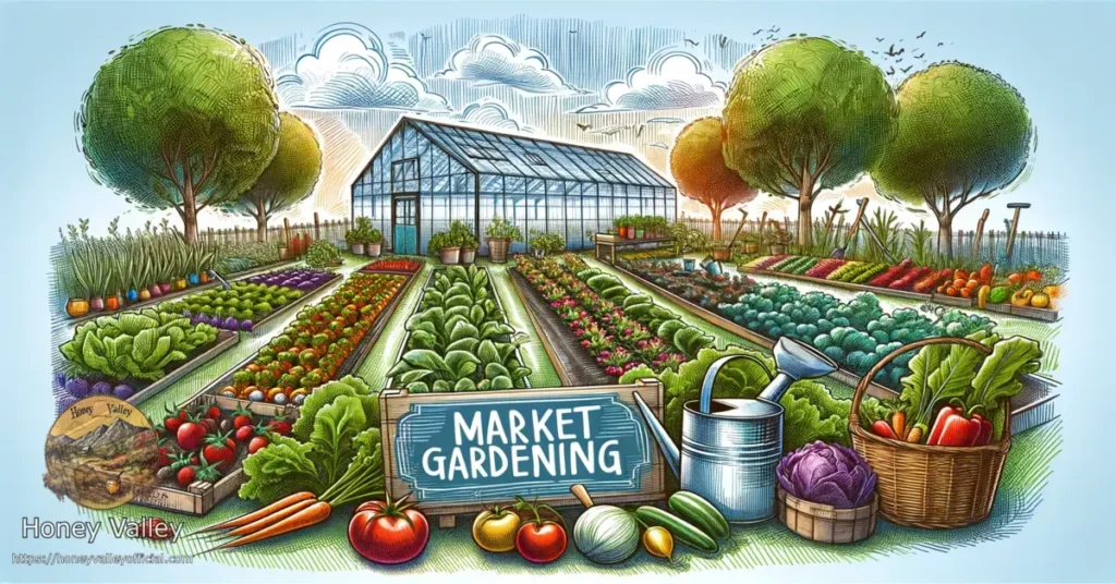 colorful-sketch-style-wide-illustration-focusing-on-market-gardening.-The-image-should-feature-a-lush-diverse-garden-with-a-variety-of-vegetables