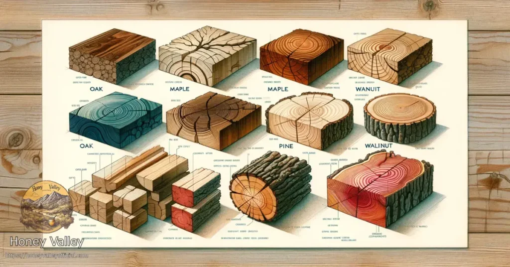 A-wide-colored-sketch-displaying-a-variety-of-wood-planks-each-representing-a-different-type-of-wood.-The-woods-include-oak-pine-maple-an3