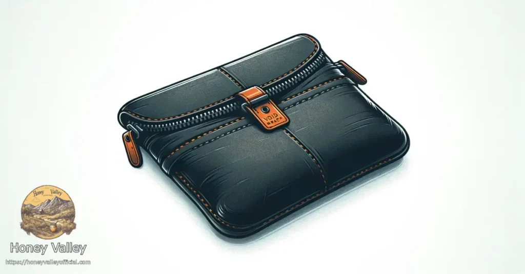 wide-image-of-a-simple-and-clean-colored-sketch-of-a-sophisticated-black-leather-pouch-with-a-visible-orange-logo-that-reads-VOID-BAG