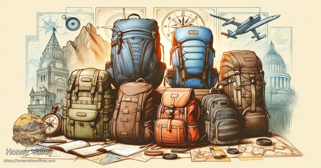 A-wide-colored-sketch-of-the-Top-5-Backpacks-For-Beginners-at-Travel-featuring-a-variety-of-backpacks-suitable-for-novice-travelers.-The-backpacks2