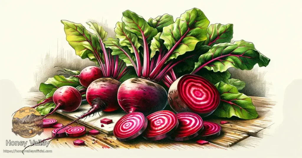 A-wide-colored-sketch-focused-on-beetroot-showcasing-various-aspects-of-this-vegetable.-The-image-should-feature-beetroots-with-their-vibrant-red-