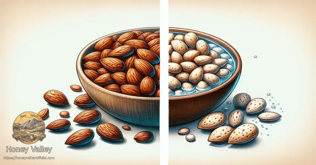 A-wide-colored-sketch-comparing-soaked-and-dry-almonds-to-illustrate-the-concept-Which-Almond-is-Best_-Soaked-or-Dry