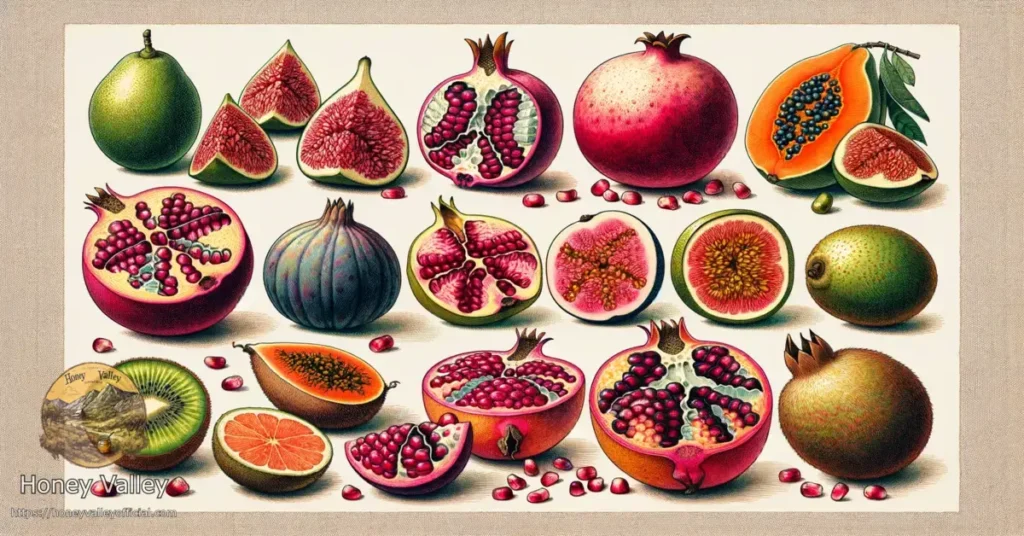 A-wide-colored-sketch-depicting-a-list-of-fruits-that-are-known-for-their-abundant-seeds.-The-image-should-feature-a-selection-of-fruits-such-as-pome