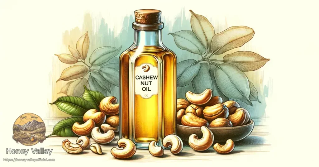 -A-wide-colored-sketch-depicting-cashew-nut-oil-in-a-different-artistic-style.-The-image-should-feature-a-clear-glass-bottle-filled-with-golden-cashew