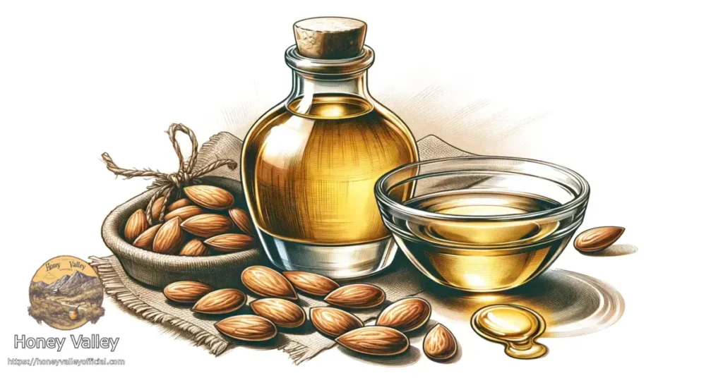 A-wide-colored-sketch-depicting-almond-oil-in-line-with-a-websites-aesthetic.-The-first-image-should-feature-a-bottle-of-pure-almond-oil