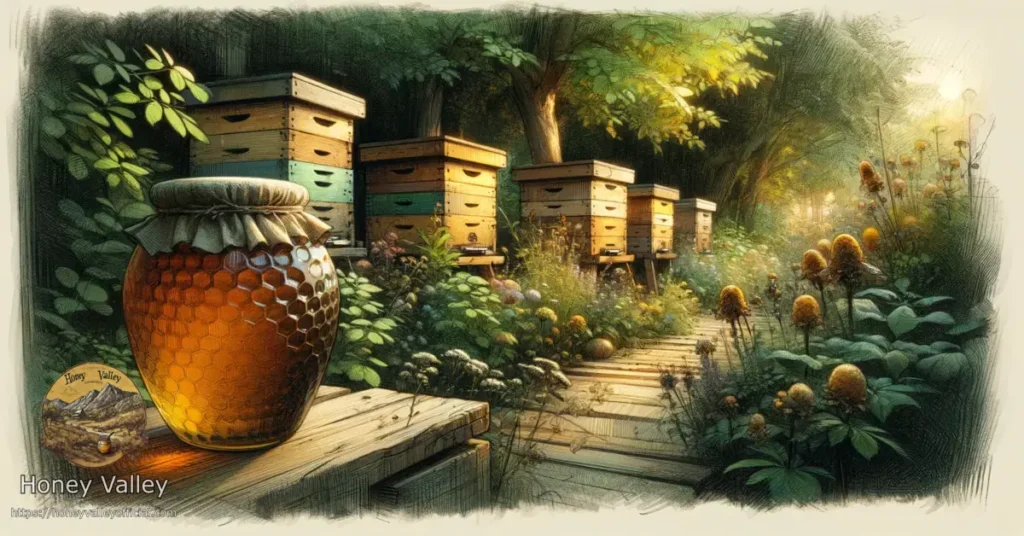 A-further-extension-of-the-wide-full-bleed-colored-sketch-series-emphasizing-the-theme-of-wooden-beehives-and-honey-in-a-lush-garden